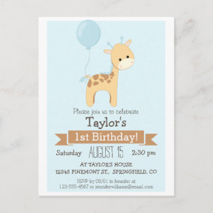 Baby Giraffe Kid's Birthday Party Invitation Postcard
