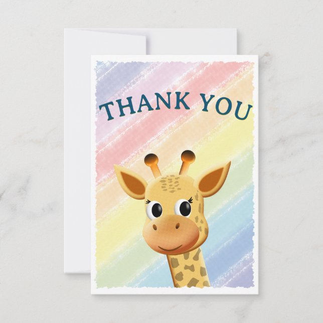 Baby Giraffe Pastel Rainbow Watercolor Baby Shower Thank You Card (Front)