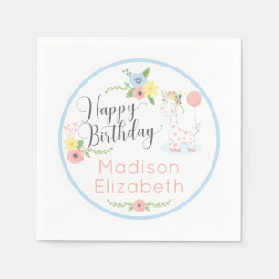 Baby Giraffe Pink Floral Happy 1st Birthday Party Napkin