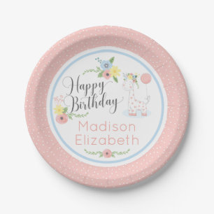 Baby Giraffe Pink Floral Happy 1st Birthday Party Paper Plate
