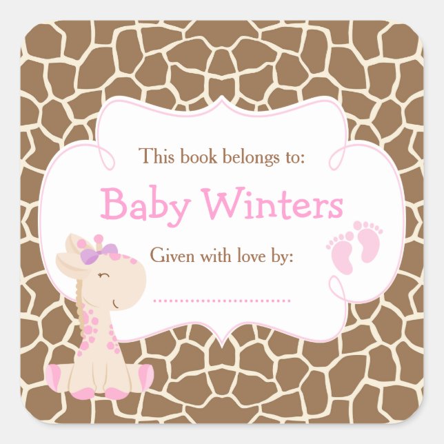 Baby Giraffe Pink Girl Shower Bookplate Square Sticker (Front)