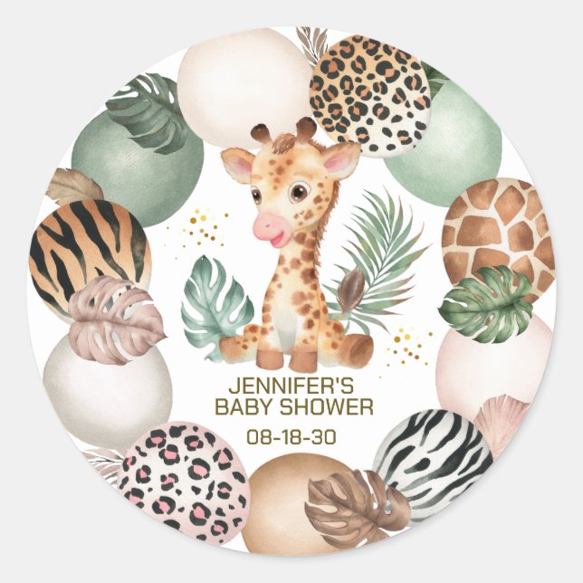 Baby Giraffe Safari Animal Print Baby Shower Classic Round Sticker (Front)