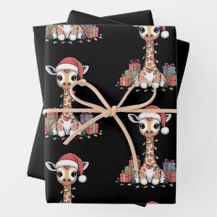Baby Giraffe Santa Hat Christmas Lights Xmas Boxes Wrapping Paper Sheet
