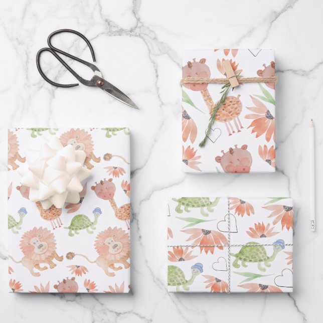 Baby Giraffe Watercolor Tropical Jungle Wrapping Paper Sheet (Front)