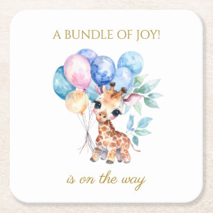 Baby Giraffe with balloons Baby Shower Square Paper Coaster