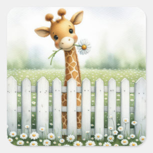 Baby Giraffe With Daisy Square Sticker