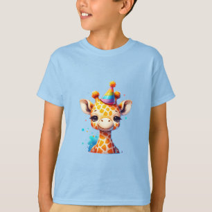 Baby giraffe with party hat birthday blue T-Shirt
