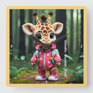 "Baby Giraffe's Playdate" Square Wall Clock