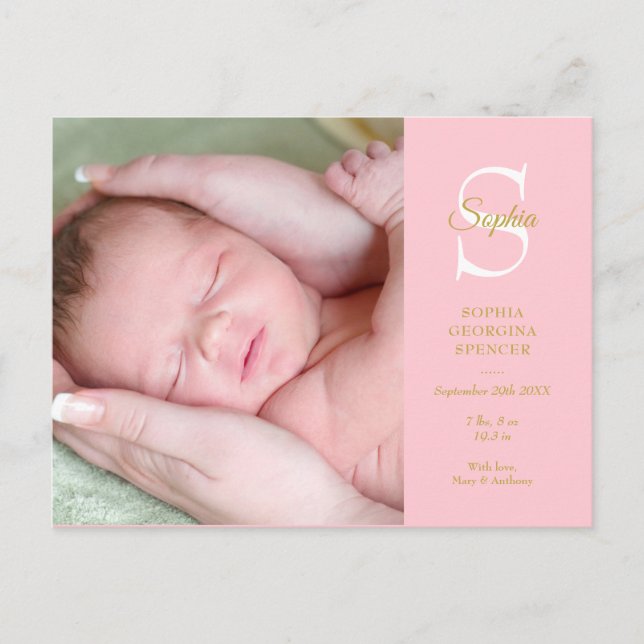Baby GirI Birth Stats Monogram Photo Thank You Postcard (Front)