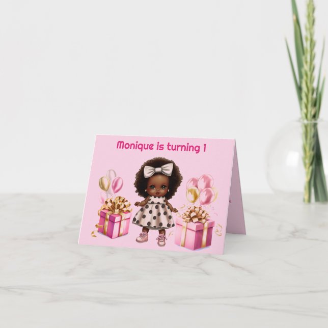 Baby Girl 1st Birthday Dark Skin Curls Pink Invitation (Front)