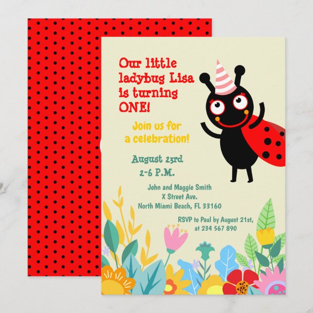 Baby girl 1st birthday ladybug party   invitation (Front/Back)