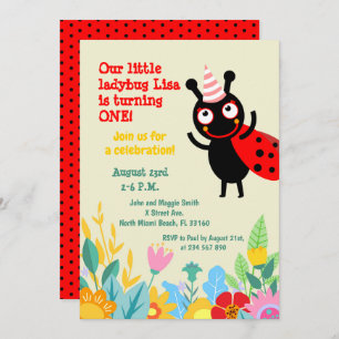 Baby girl 1st birthday ladybug party invitation
