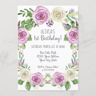 Baby Girl 1st Birthday Lavender Watercolor Floral Invitation