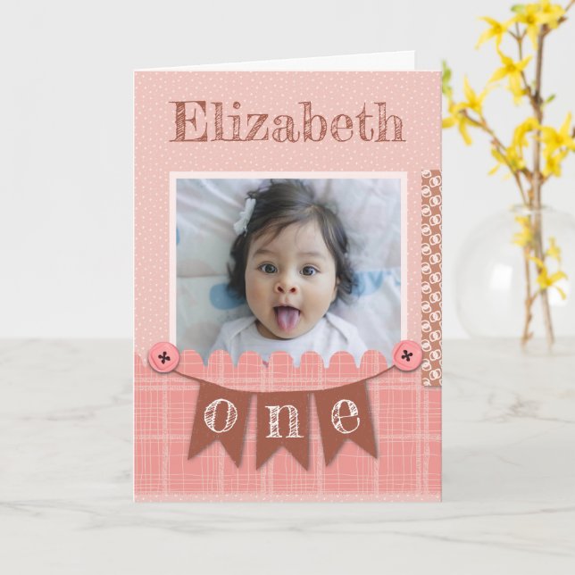 Baby Girl 1st Birthday Pink Scrapbook Card (Yellow Flower)