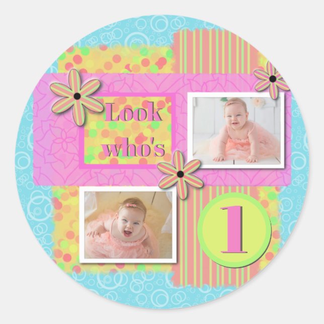 Baby Girl 1st Birthday Pink & Yellow Scrapbooking Classic Round Sticker (Front)