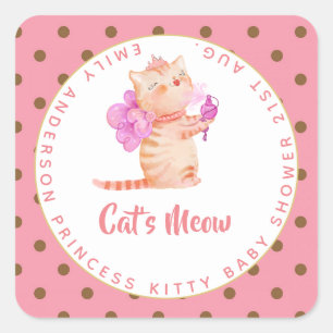 Baby Girl 1st Birthday Shower Princess Cats Thanks Square Sticker