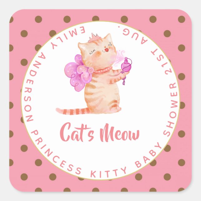 Baby Girl 1st Birthday Shower Princess Cats Thanks Square Sticker (Front)