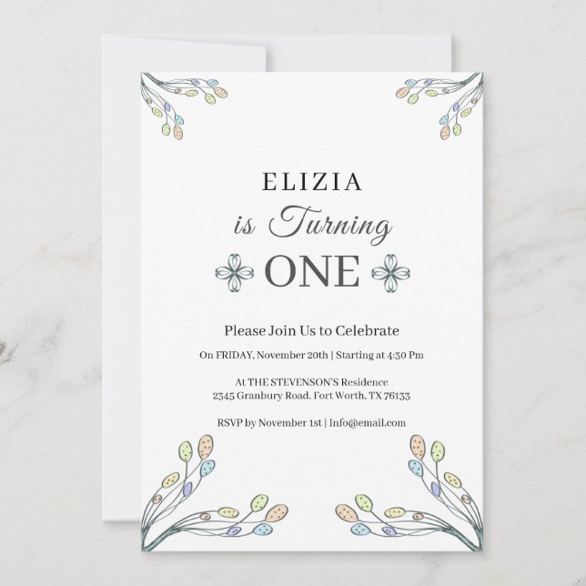 Baby Girl 1st Birthday White Retro Floral Invitation (Front)