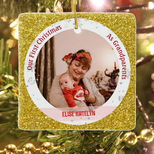 Baby Girl 1st Christmas As Grandparents 2 Photos Ceramic Ornament
