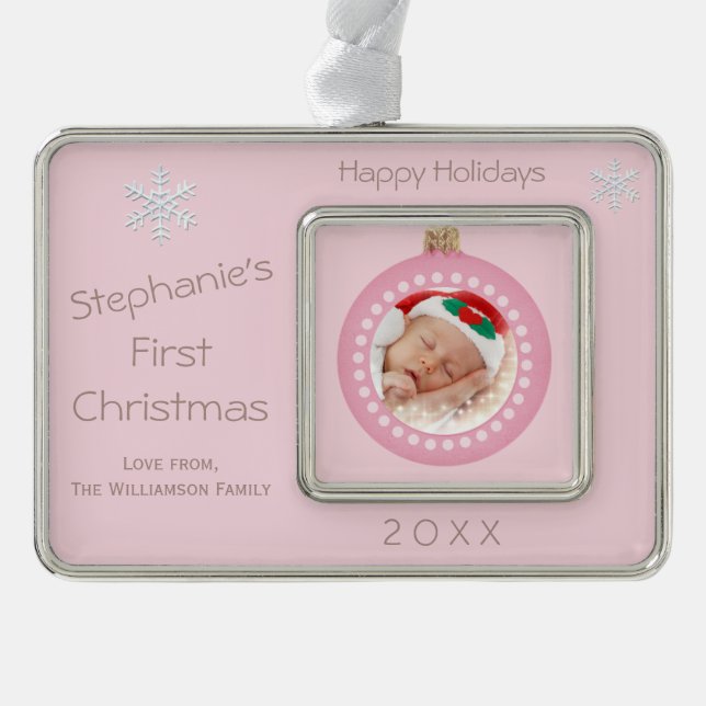 Baby Girl 1st Christmas Holiday Photo Silver Plated Framed Ornament (Front)