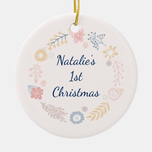 Baby Girl 1st Christmas Pink Botanical Photo Ceramic Tree Decoration (Front)