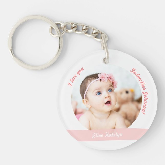 Baby Girl 2 Photos Names Date Birth For Godmother Key Ring (Front)