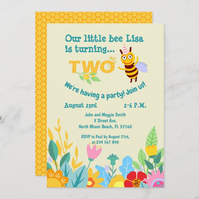 Baby girl 2nd birthday little bee party   invitation (Front/Back)