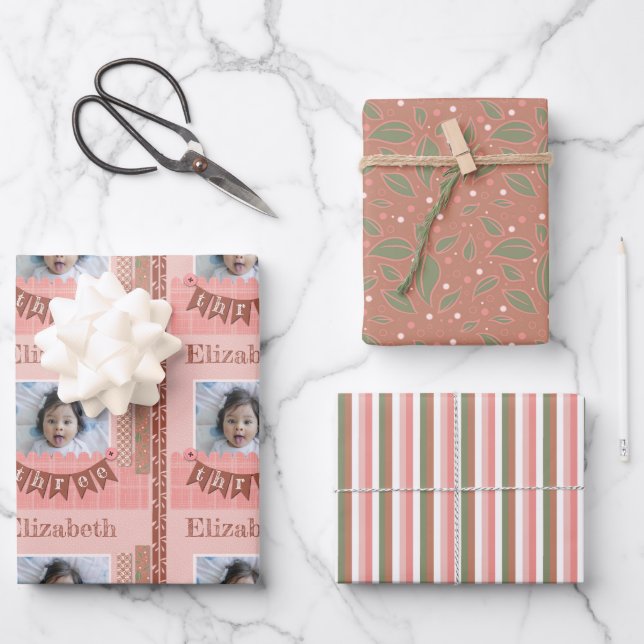 Baby Girl 3rd Birthday Pink Scrapbooking Wrapping Paper Sheet (Front)