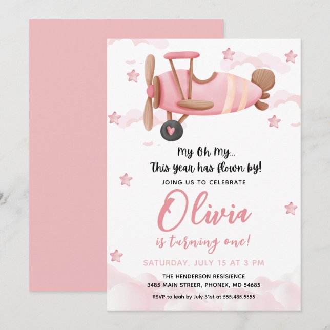 Baby Girl Aeroplane First Birthday Invitation (Front/Back)