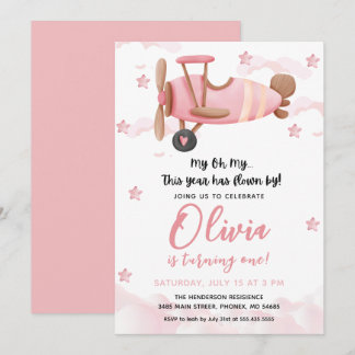 Baby Girl Aeroplane First Birthday Invitation
