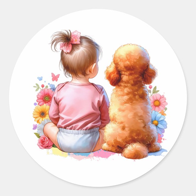 Baby Girl and an Apricot Poodle Classic Round Sticker (Front)