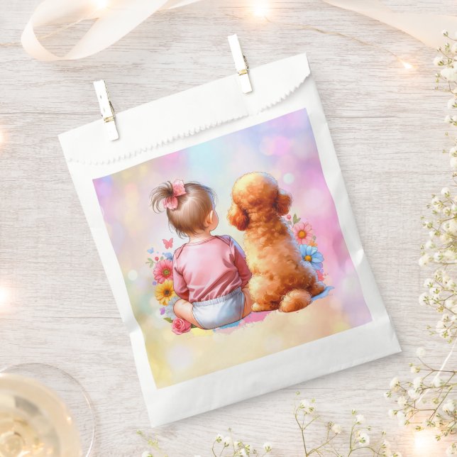 Baby Girl and an Apricot Poodle Favour Bags (Clipped)