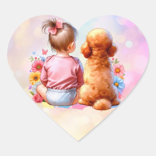 Baby Girl and an Apricot Poodle Heart Sticker (Front)