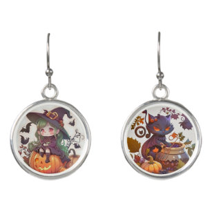 Baby Girl And Cat Witch Pumpkins Bats Halloween Earrings