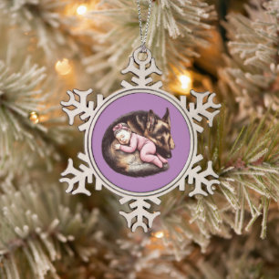 Baby Girl and her German Shepherd Snowflake Pewter Christmas Ornament