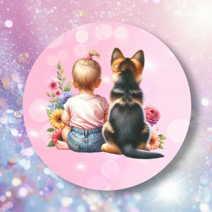 Baby Girl and her Puppy Baby Shower Classic Round Sticker