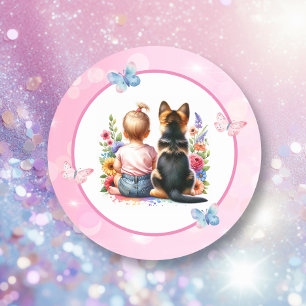 Baby Girl and her Puppy   Baby Shower   Classic Round Sticker