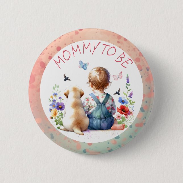 Baby Girl and her Puppy Baby Shower Mum to be 6 Cm Round Badge (Front)