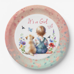 Baby Girl and her Puppy   It's a Girl Watercolor Paper Plate
