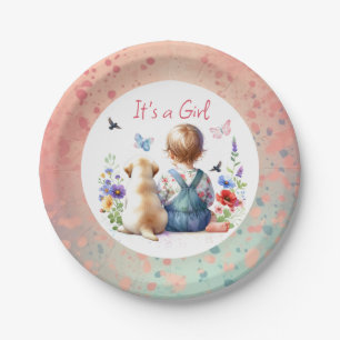 Baby Girl and her Puppy It's a Girl Watercolor Paper Plate