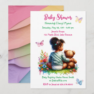 Baby Girl and her Teddy Bear Girl's Baby Shower Invitation