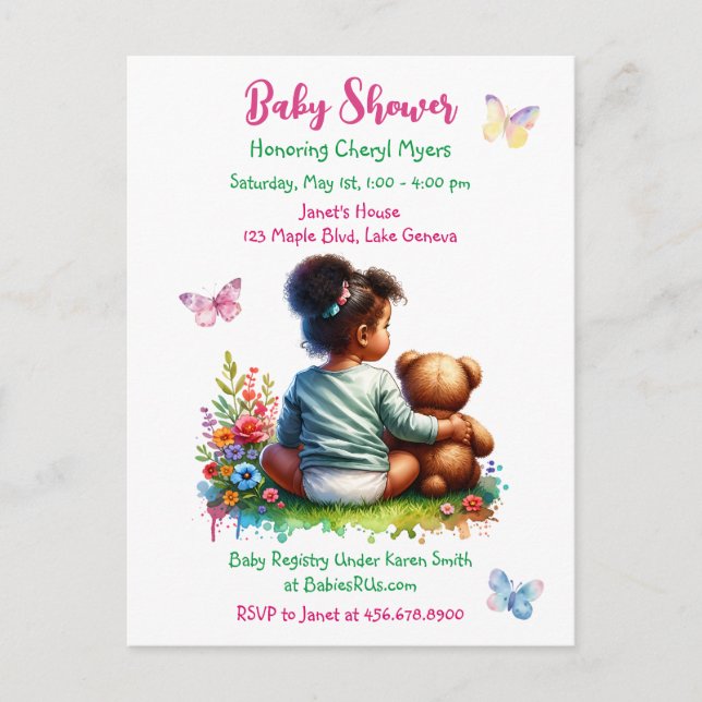 Baby Girl and her Teddy Bear | Girl's Baby Shower Postcard (Front)