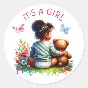 Baby Girl and her Teddy Bear   It's a Girl Classic Round Sticker