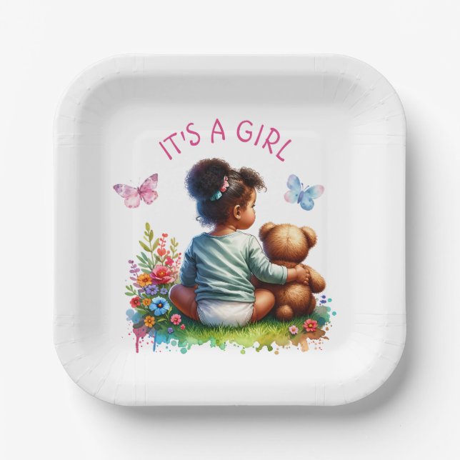 Baby Girl and her Teddy Bear | It's a Girl Paper Plate (Front)