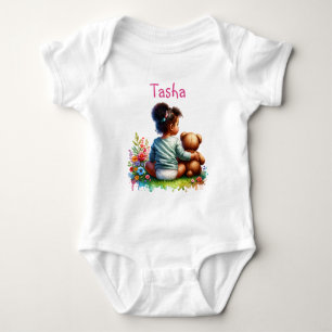 Baby Girl and her Teddy Bear   Personalised Bodysuit
