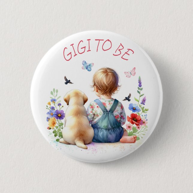 Baby Girl and Puppy Baby Shower GiGi to be 6 Cm Round Badge (Front)