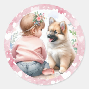 Baby Girl and Puppy Pink Baby Shower Classic Round Sticker