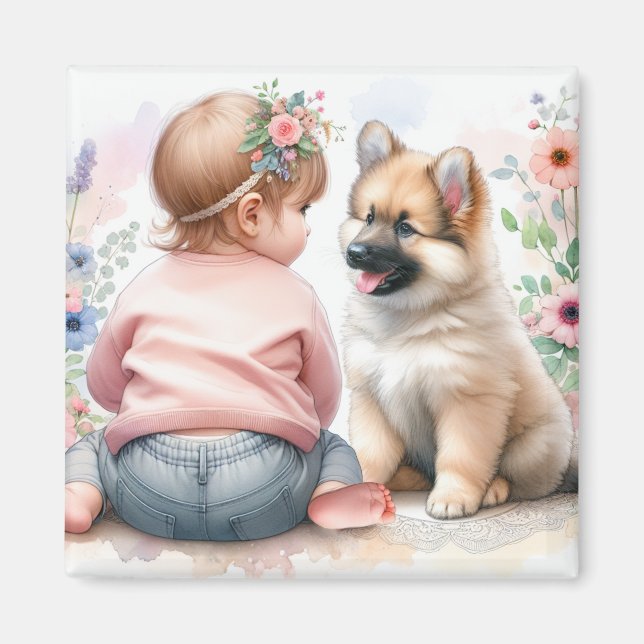 Baby Girl and Puppy Pink Baby Shower Magnet (Front)