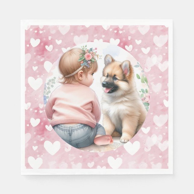 Baby Girl and Puppy Pink Baby Shower Napkin (Front)