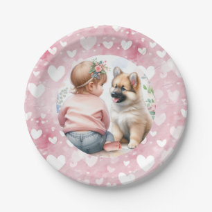 Baby Girl and Puppy Pink Baby Shower Paper Plate